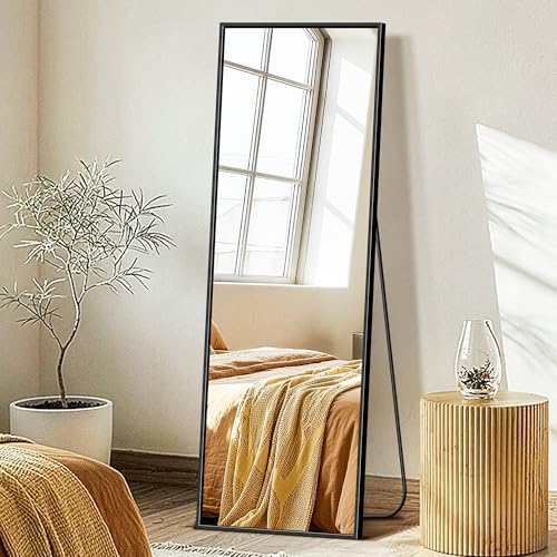 FICTOR Full Length Mirror with Stand, Floor Standing Mirror Full Body, HD Shatterproof Black Frame Wall Mirror for Bedroom, Living Room, Dressing Room & Entryway, 56"x15"