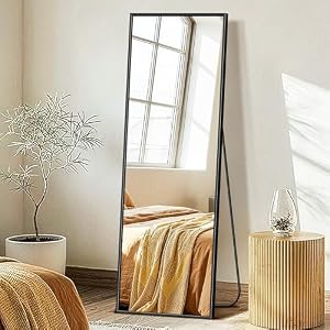 FICTOR Full Length Mirror with Stand, Floor Standing Mirror, 56″x15″, Black