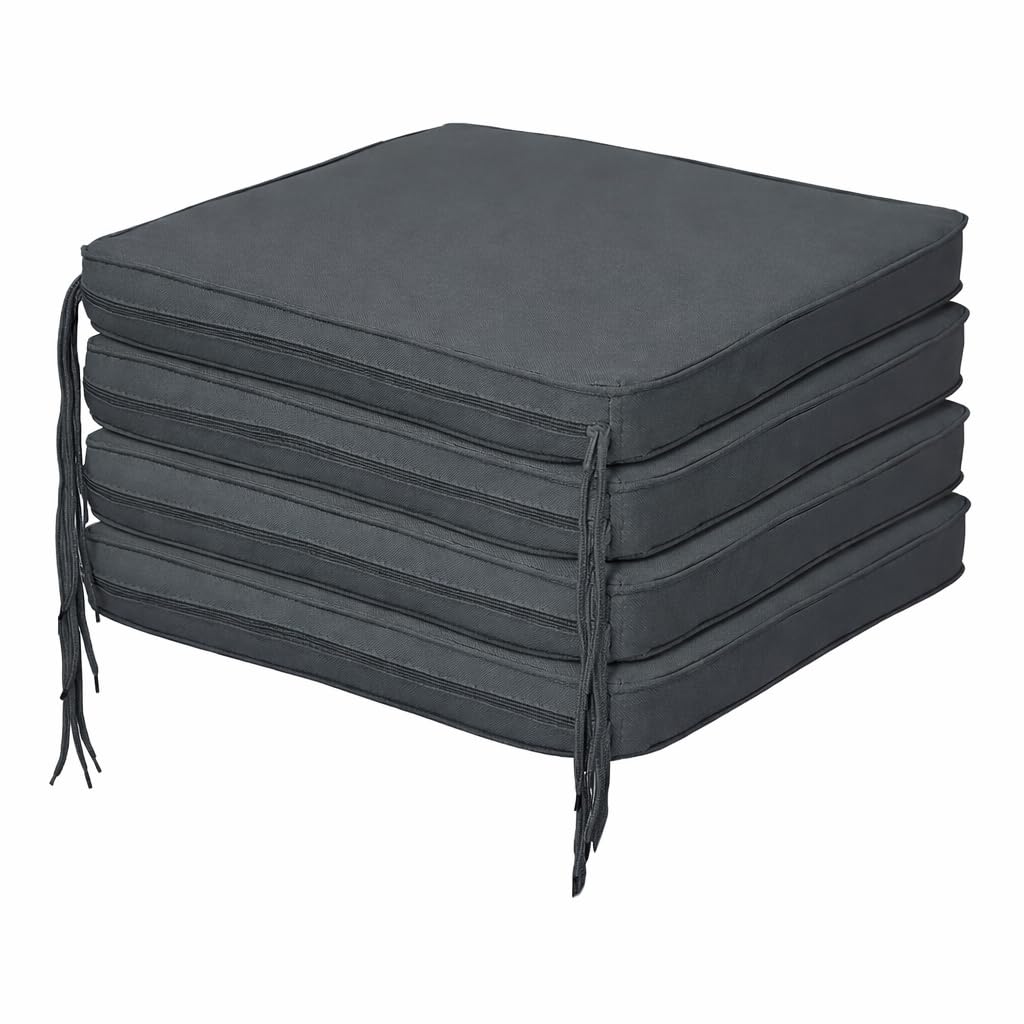David & Amaya Comfortable Chair Cushion With Ties 40x40x5cm Indoor Outdoor, Slip Resistant Seat Pad for Dining Kitchen Living Room Garden Patio Office Chairs (Charcoal, Pack of 4)