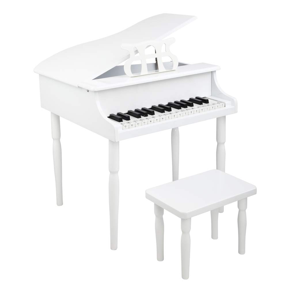 Bonnlo 30 Key Classical Kids Piano w/ Bench, Kids Toy Grand Piano for Children, Toddler Piano Wood Musical Instrument Toy w/ Music Stand, Song Book, Stave Keys Stickers (White)