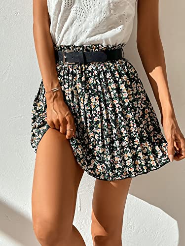 Women's Floral Mini Pleated Skirt Paperbag Waist Belted Short Skirts