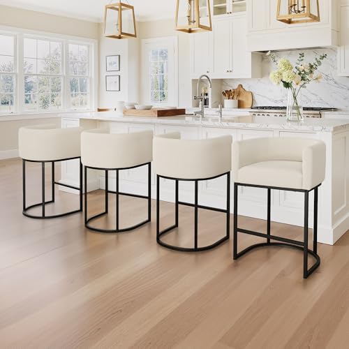 Image of LUE BONA Counter Height Bar Stools Set of 4, Modern Barrel Counter Stools with Backrest and Arms, Black Metal Frames, Linen Fabric Upholstered Barstools for Kitchen, Light Linen Color