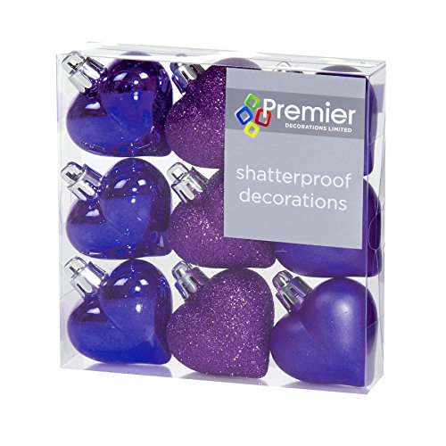 Christmas Decorations 9 Pack 40mm Multi Finish Heart baubles - Purple