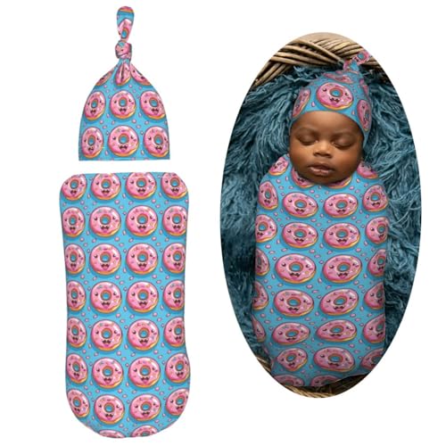 Image of Happy Doughnuts Newborn Swaddle Blankets Hat Sets Soft Baby Receiving Blanket Swaddle Sack for Baby Shower Infant Boy Girl Gift