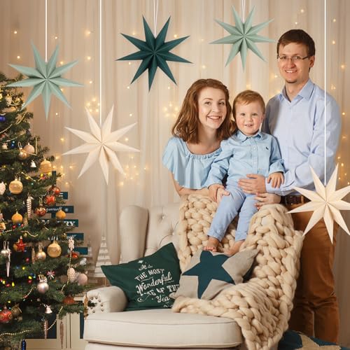 Image of 12 Inches 5 PCS Beige Green Sage Green Paper Star Lanterns Christmas Party Decorations Hanging Stars Christmas Party Decorations Wedding Birthday Christmas Home Party Decorations(9 Pointed)