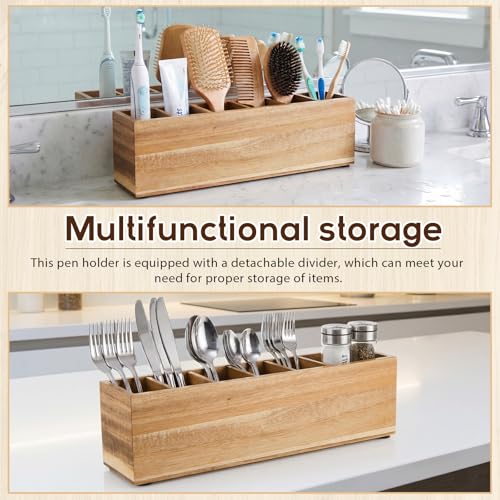 Image of Jetec Wooden Pencil Pen Holder for Desk 6 Compartments Wood Office Desk Organizers for Countertop Adjustable Makeup Brush Organizer Silverware Caddy for Party, Home, Art Supplies (Acacia Wood)
