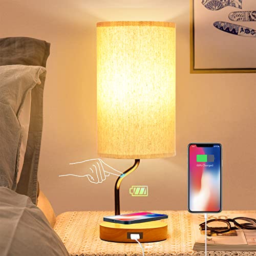 Product Image of the Bedside Table Lamp with Wireless Charger & USB Port - Touch Control LED Desk Lamp for Bedroom, 3-Way Dimmable Wooden Nightstand Lamp with Fabric Shade for Living Room, Kid's Room, Dorm, or Office