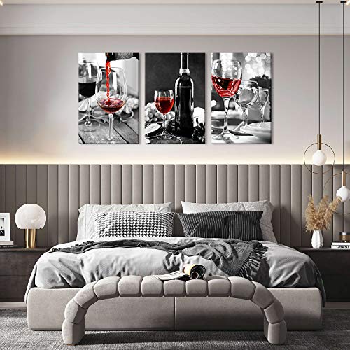 3 Pcs Wine Decor Kitchen Canvas Art Wine Glasses Canvas Paintings Wall Art Pictures with Wood Inner Frame for Dining Room Decor Kitchen Pictures Wall Decor (C, 12X18Inchx3Pcs)
