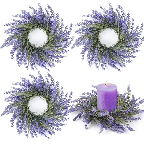 Image of 4 Pcs Lavender Candle Rings Wreaths Mini Purple Wreath Table Centerpieces 3 Inch Floral Wedding Ring Wreaths Pillar Lavender Candle Holder for Spring Summer Home Door Party Decoration