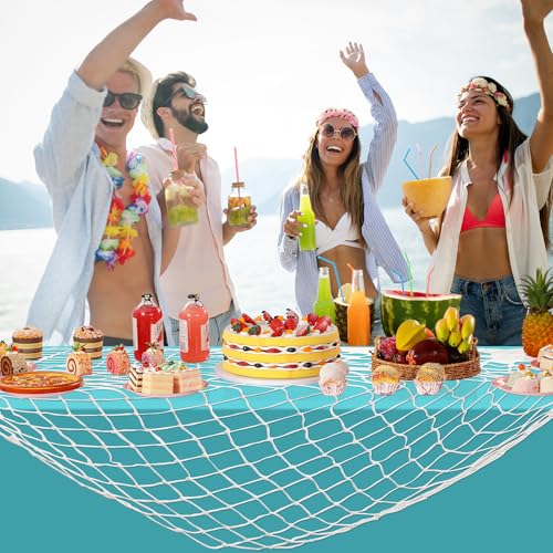 Image of 3 Set 6 Pcs Fish Net and Tablecloth Set,Cotton Fishnet and 3 Blue Color Disposable Plastic Table Cover for Mermaid,Baby Shower,Birthday,Ocean Pirate Under the Sea Party Decorations,54 X 108Inch