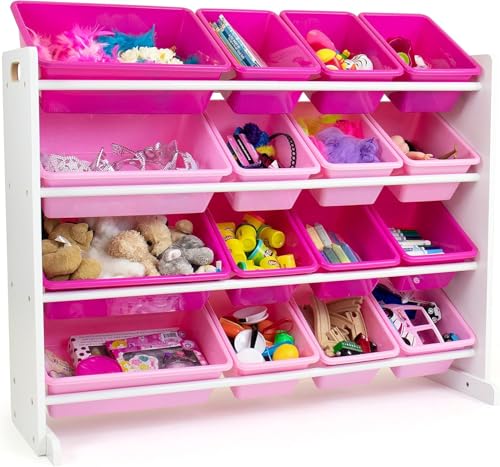Image of Humble Crew Supersized Toy Storage Organizer with 16 Removable Bins, White /Pink - Large Toy Storage for Toddlers Ideal for Kids' Rooms, Playrooms, and Nurseries - Modern Toy Bins for Kids