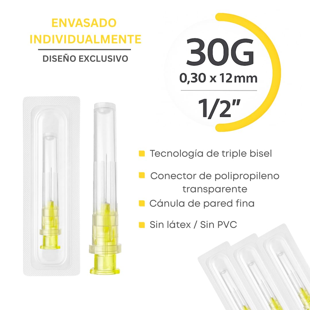 100 tubos dosificadores de acero inoxidable 30G x 12 mm, envasados individualmente, para laboratorio, industria y aplicaciones cosméticas