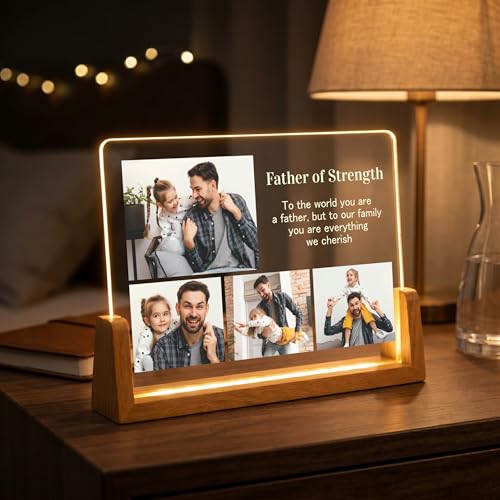 Image of Giftplease Personalized LED Photo Frame for Father with Wooden Base | Custom Photo Night Light for Dad | Engraved Acrylic Desk Decor | Birthday, Father's Day, Papa | Warm Glow