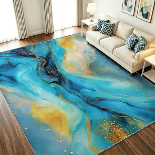 Alfombra Salón Esponjosa 120 x 180 cm Abstracto Moderno, Moqueta Dormitorio Antideslizante Lavable - Ultra Suave con Cerdas Ras, Mármol Ondulación - Gran Alfombra para Interior, Comedor, Cocina, Azul