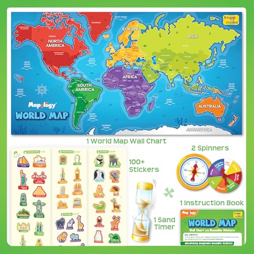 Image of Imagimake Mapology World Map with Reusable Stickers | Educational Toy | Learning Toys For Kids Age 7+| Best Birthday Gift for Kids Age 5,6, 7, 8