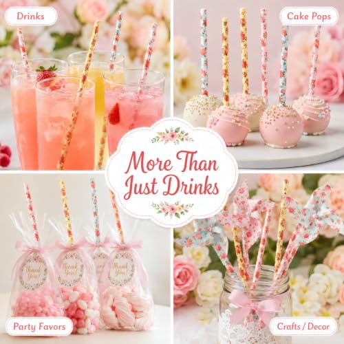 Image of ALINK Floral Paper Straws, Biodegradable Disposable Flower Straws for Bridal /Baby Shower, Wedding, Shabby Chic /Vintage Tea Party, Birthday, Events and Crafts Decorations