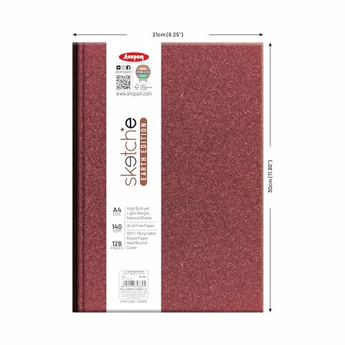 Image of Anupam Earth Sketche Drawing Book A4 | 100% Recycled Hardbound Cove Book | 140 GSM | Acid Free 65 Sheets / 128 Pages | Drawing Sketchbook for Artists and Students | for Dry Techniques