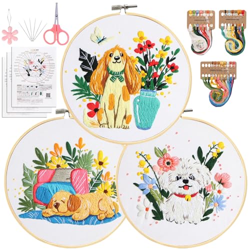 Santune 3 Pack Embroidery Kit for Beginners, Needlepoint Kits for Adults,Needle Point Sets with Stamped Dog Pattern Stitch Video Tutorial,Mothers Day Gifts