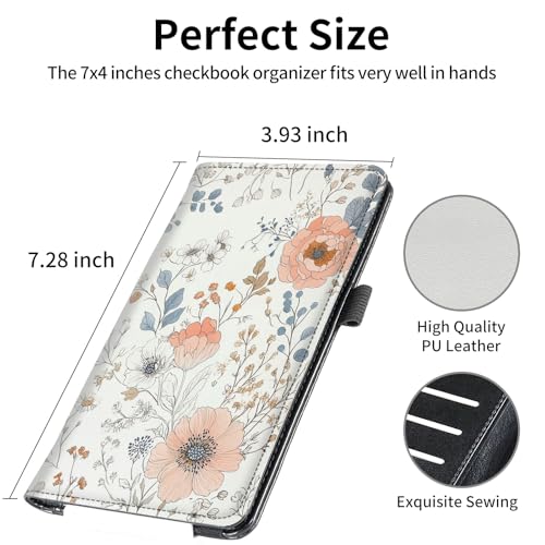 Image of FUYOCWE Leather Checkbook Cover for Men Women Checkbook Covers Personal Checks Card Register Holder Wallet W /RFID Blocking & Pen Holder-Elegant Flowers