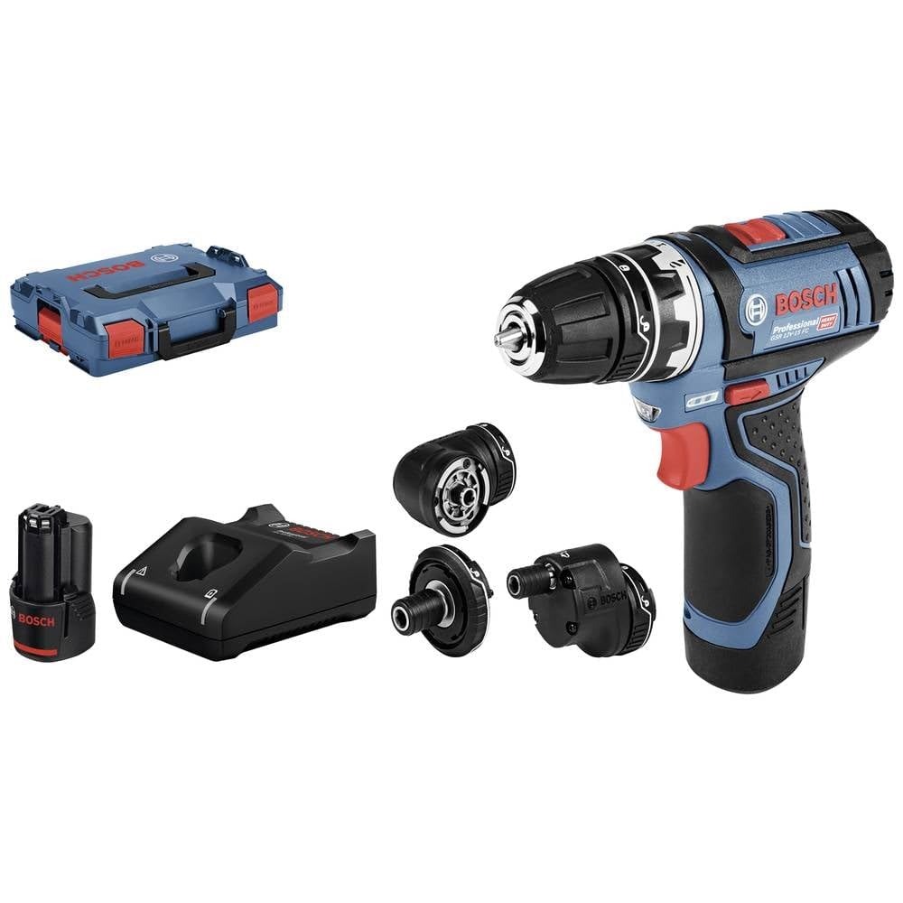 Bosch Professional system 12V: akumulatorowa wiertarko-wkrętarka GSR 12V-15 FC (2 akumulatory GBA 12V 2.0Ah, ładowarka GAL 12V-40, 4 wymienne uchwyty, walizka L-BOXX)