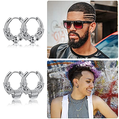 Sailimue 8Pairs Surgical Stainless Steel Huggie Hoop Earrings For Men Women Hypoallergenic Punk Hip Hop Cool Goth Earrings Black Silver Vintage Feather Drop Dangle Earrings Set Silver #TOP2