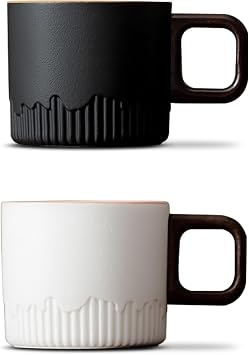Set of 2 Ceramic Espresso Cups with Wooden Handle, 2.7 Oz/80 ml Porcelain Coffee Mug, Demitasse Tea Cup, Yerba Mate Cup for Latte Cappuccino Mocha Coco Black & White
