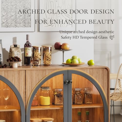 Image of Sideboard Buffet Cabinet with Storage, 68 inch Black Credenza Accent Cabinet Buffet Table w /4 Arched Glass Doors & LED Light, Modern Coffee Bar Liquor Cabinet w /2 Shelves for Kitchen Entryway