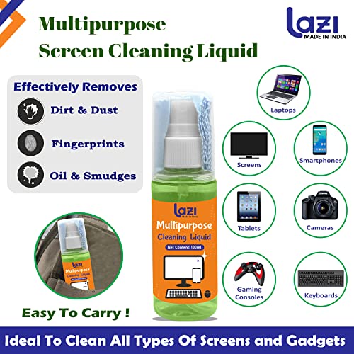 Image of LAZI 2 in 1 Laptop Cleaning Kit - 100ml Green Liquid Spray Screen Cleaner with Microfiber Cloth for Laptops, Mobiles, Phones, iPhone, MacBook, Electronics gadgets, PC, LED, LCD, TV and Computer Screen