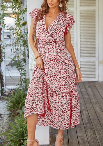 PRETTYGARDEN Women's Summer Floral Boho Maxi Dress Wrap Short Sleeve V Neck Ruffle A-Line Flowy Wedding Guest Long Dresses