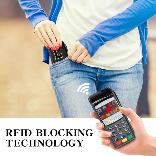 Ini-tial Small Women Wallet Genuine Leather RFID Blocking Bifold Card Holder Ladies Mini Purse with Shiny Gold Border4