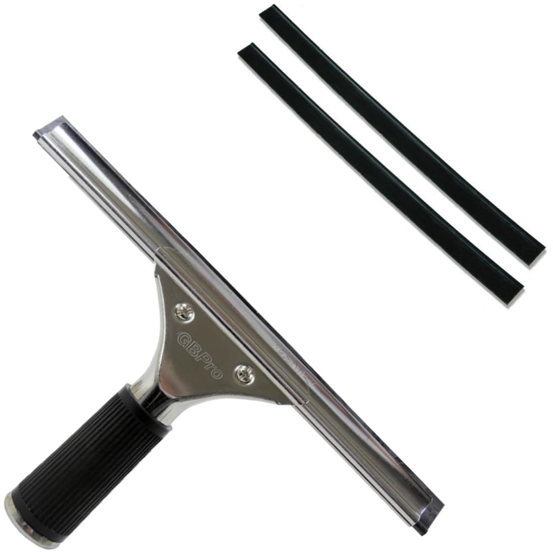 Gbpro Silver Professional Window Squeegee Stainless Steel Wiper 25Cm/10 Inches + Machine Cut High Grade Rubber Blade/Strip X 2
