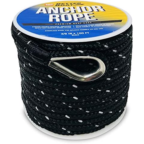 Premium Anchor Rope Double Braided Boat Anchor Line 100 ft Black Marine Grade 3/8 Rope Cover