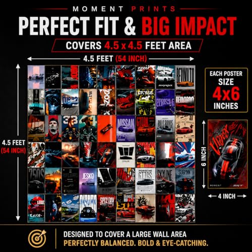 Image of Moment Prints Set of 63 Pcs Super Cars Posters | 4x6 Inch | 300 GSM | Aesthetic sports wall decor with double-sided mounting tape for gaming rooms and garages