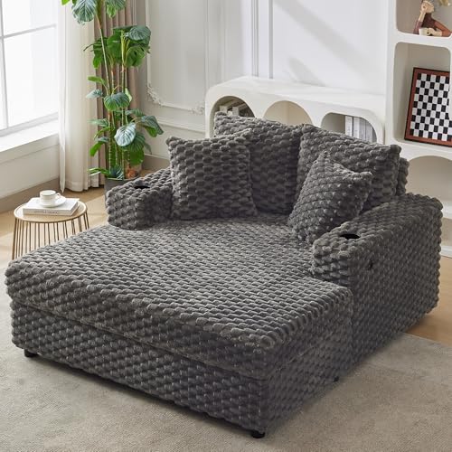 Garvee Oversized Chaise Lounge Chair Indoor: 60 in Upholstered Cozy Reading Chair with Throw Pillows and Armrests, Comfy Large Modern Sleeper Chair Couch Sofa Bed for Living Room, Bedroom, Grey
