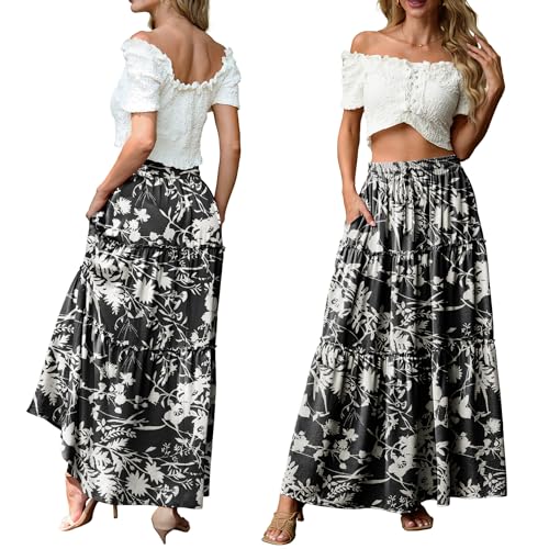 Image of Lepunuo Womens Casual Boho High Waisted Flowy Maxi Skirts Tiered Floral Long Skirts with Pockets for Summer Beach Vacation