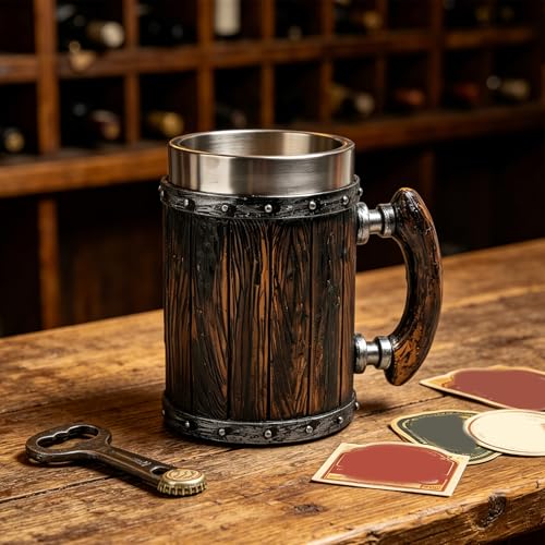 Jarra de cerveza de acero inoxidable premium con diseño de barril clásico medieval 6