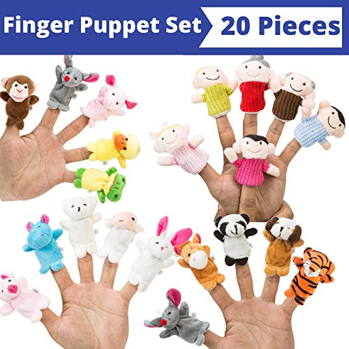 BETTERLINE Juego de Marionetas de Dedo (20 Piezas), 6 Miembros de la Familia y 14 muñecos de Peluche de Animales - Felices para Contar Historias, Juegos de Roles, enseñanza