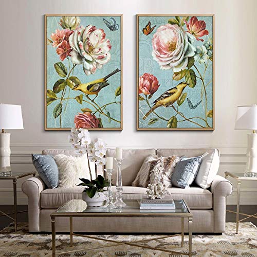 Impression Art Toile Fleur Oiseau Rétro - Lot de 2 Peintures Haut de Gamme 60x90cm
