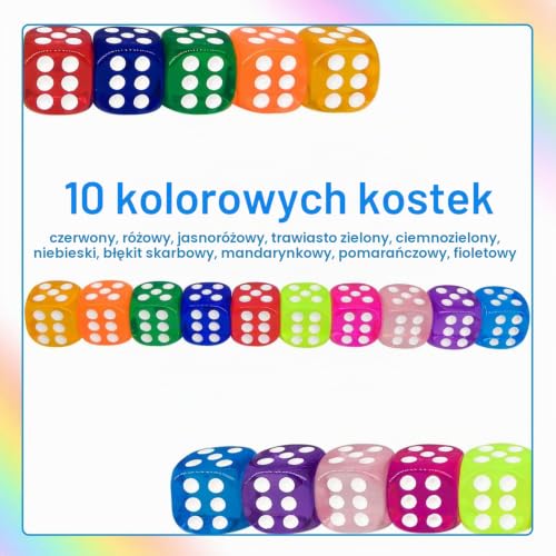 WUGAUWOR 50 Sztuk Kolorowych Kości 14MM z Plastikowym Etui, Mini Standardowe Zestaw Kości D6, 10 Kolorów Przezroczystych Kości do Gry, 6-stronne Kolorowe Kości do Yahtzee, Gry