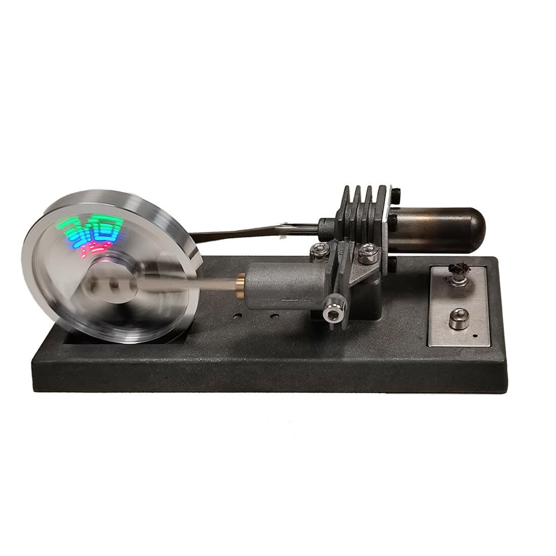Kit motore Stirling con volano luminoso, 12 × 6 × 6 cm | Il volano luminoso completa il meccanismo autoassemblato con un effetto luminoso visibile.