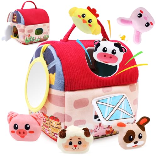 Ballery Giochi Neonato Montessori 6-12 Mesi, Casa Morbida per Animali con Fienile/Sonaglio/Specchio, Soft Barn Farm con Gli Animali Ripieni, Giochi Sensoriale per Bambini 1 2 3 Anni