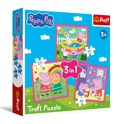 Trefl - Peppa Pig, Peppa y Sus Amigos - Puzzle 3 en 1, 3 Puzzles, de 20 a 50 Piezas - Varios Niveles de dificultad, Entretenimiento para niños a Partir de 3 años