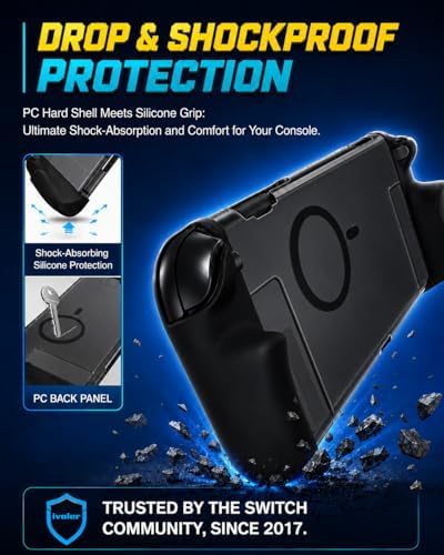 ivoler 5-in-1 Split Protective Case for Nintendo Switch 2, Dockable & Magnetic Accessory Compatible PC Hard Cover, Quick-Release Silicone Joy-Con Grips, 2-Pack 9H Glass Screen Protectors - Black - 5