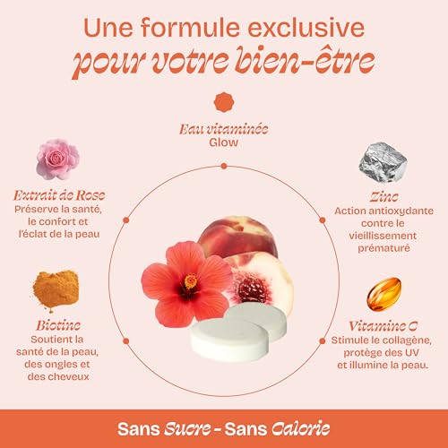 HYDROLOGY - Aromatisiertes Wasser – Zuckerfreie Tabletten – Vitamingetränk Schönheit & Glanz – tägliche Hydration – 15 Brausetabletten – Vegan & natürlich – Hibiskuspfirsich – Glow