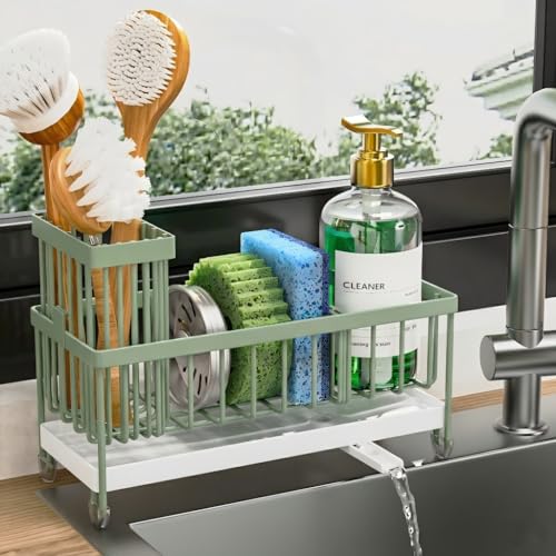 Image of Cisily Sponge Holder for Kitchen Sink, Sink Caddy Organizer with High Brush Holder, Kitchen Countertop Organizers and Storage Essentials, Rustproof 304 Stainless Steel (Sage Green, 9.25″)