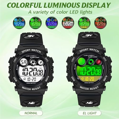 Image of Dayllon Kids Digital Watch,Boys Digital Outdoor Sport Waterproof Watch,with Calendar 12 /24H Alarm 7 Colorful Backlight Stopwatch Wristwatch for 3-15 Years Old