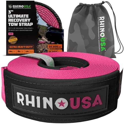 Image of Rhino USA Recovery Tow Strap (3 inch x 20') - 31,518lb Break Strength - Emergency Recovery Strap Tow Rope for Truck, UTV, ATV & More - Heavy Duty Towing Strap for Offroad 4x4 Use - Compatible with Jeep