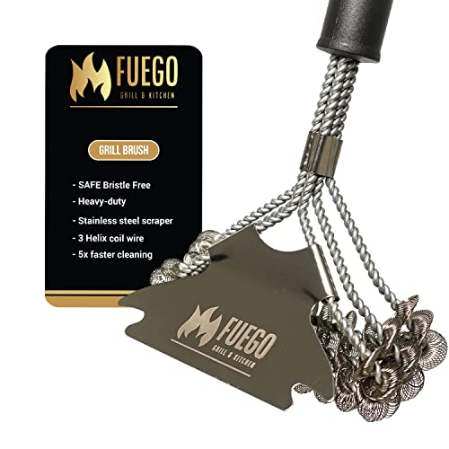 Fuego Grillbürste und Schaber Sicherer Borstenfrei Premium-Edelstahlschaber & Dreifach-Helix-Drahtbürste Robuster langer 43.2 cm langer ergonomischer Griff Grillreiniger Grillwerkzeuge Zubehör-Set