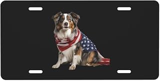 American Flag Australian Shepherd Dog Wearing Flag Personalized Aluminum Front License Plate Customize Your Vehicle's Look 6" x 12"