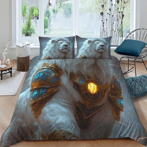 Housse de couette 200x200 cm imprimé 3D lion blanc et parure lit microfibre
